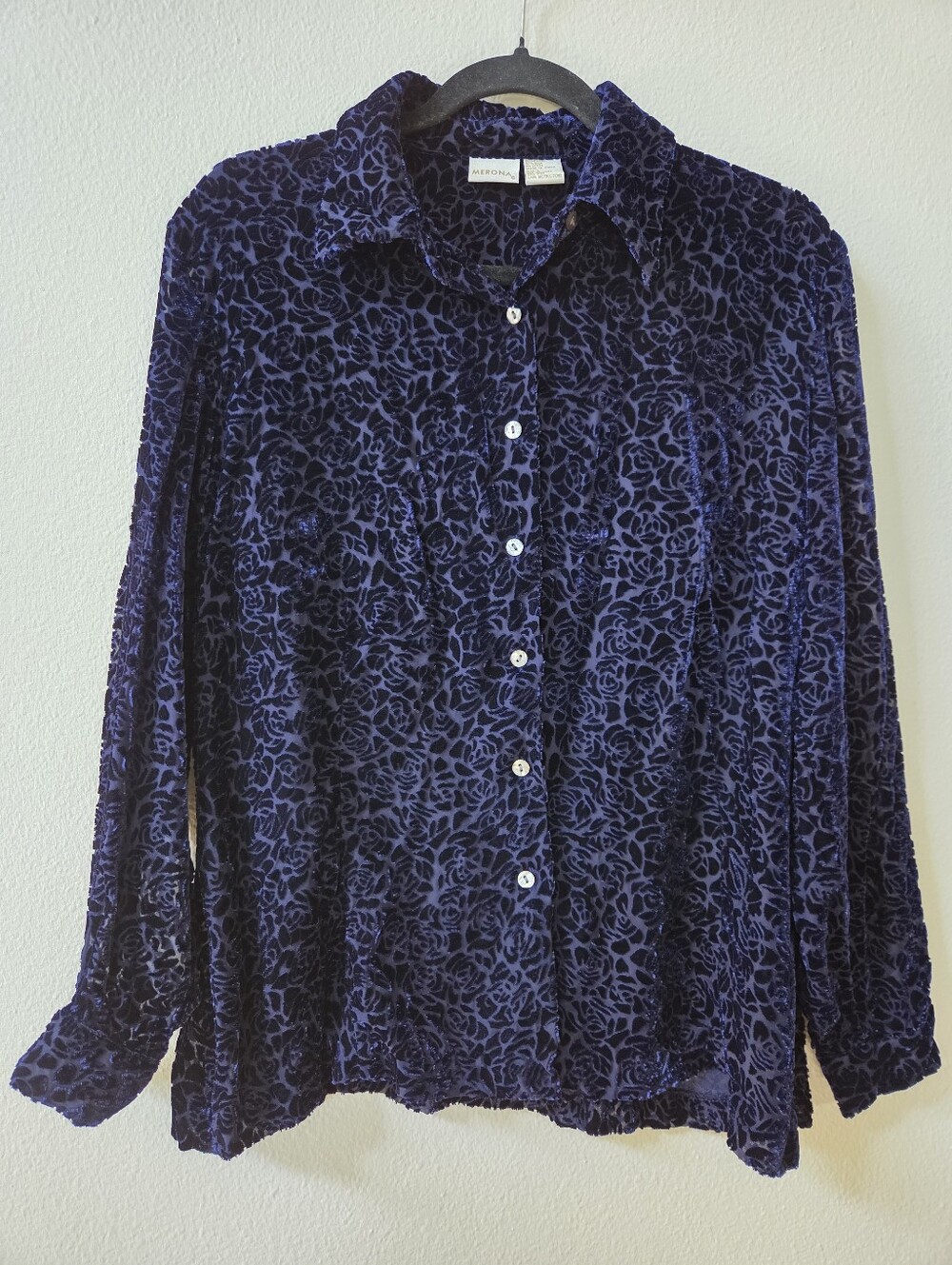 Vintage 90s Merona Silk And Velvet Burnout Blouse In Navy Blue Size Large